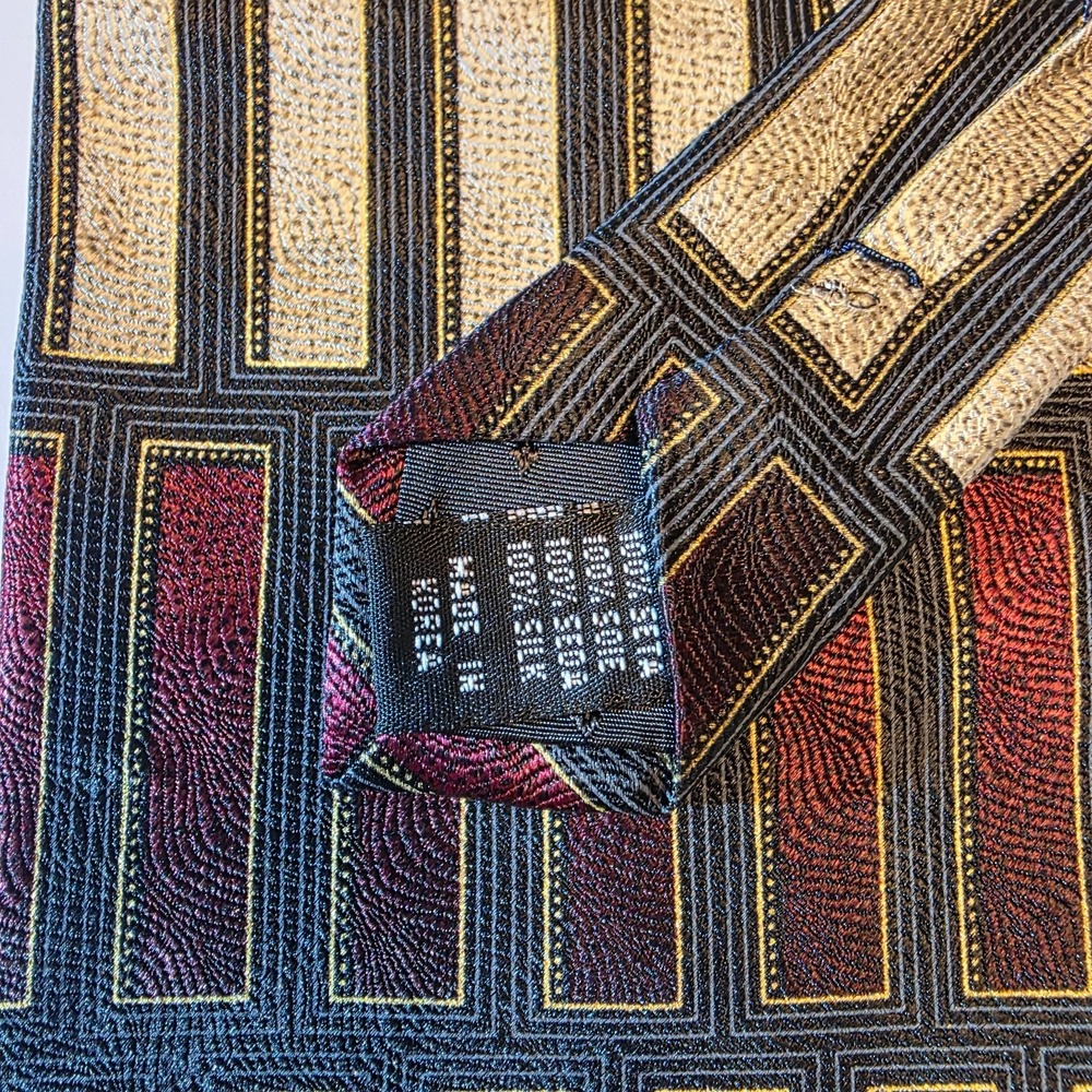 Mosaic Mens Silk Necktie Black Gold Burgundy Geometric Rectangular Hand Made Tie - Picture 5 of 5